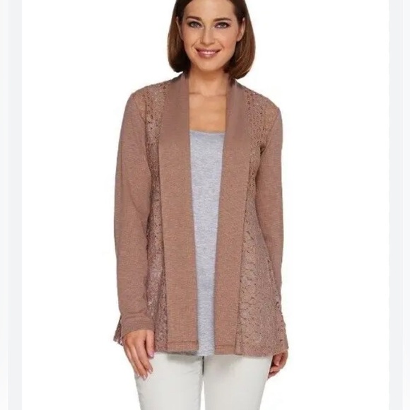 LOGO by Lori Goldstein Tan Taupe Lace Open Front Cardigan large - Picture 1 of 6